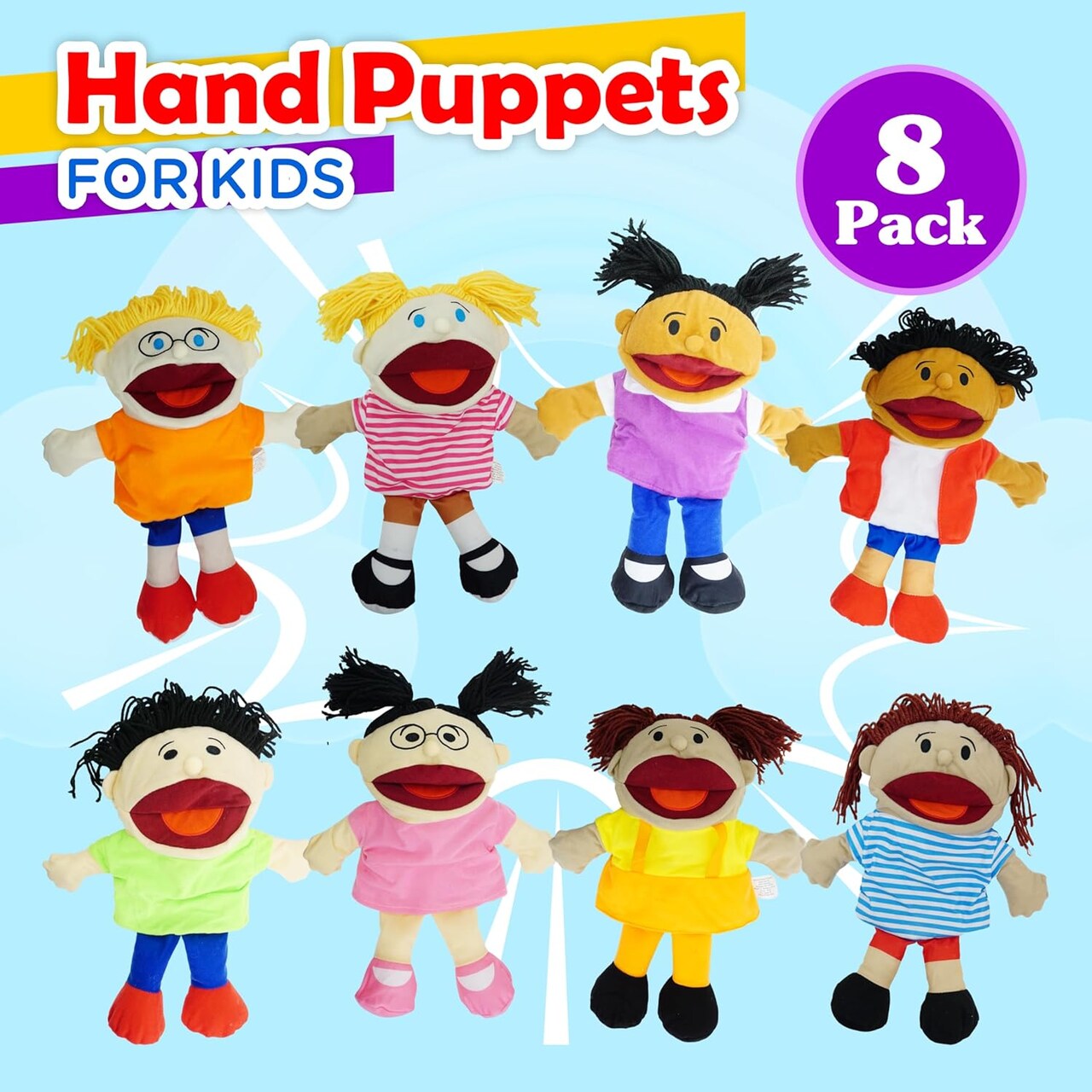 4E’s Novelty 8 Pack Multicultural Hand Puppets for Kids with Movable Mouth—Soft Plush for Puppet Show Theater